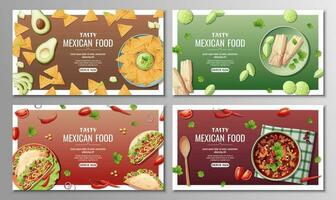 Mexicaans voedsel banners set. tamales, nacho's, taco's en Boon soep. achtergrond, webbanner, poster, advertentie van traditioneel Mexicaans keuken. vector