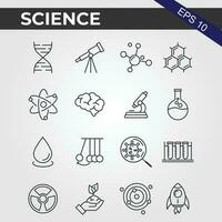 16 groot reeks van chemie laboratorium en schematisch pictogrammen tonen geassorteerd experimenten, glaswerk en moleculen geïsoleerd Aan wit voor ontwerp elementen, zwart en wit vector illustratie