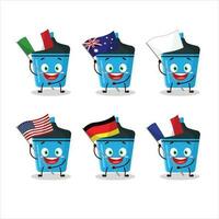 blauw markeerstift tekenfilm karakter brengen de vlaggen van divers landen vector