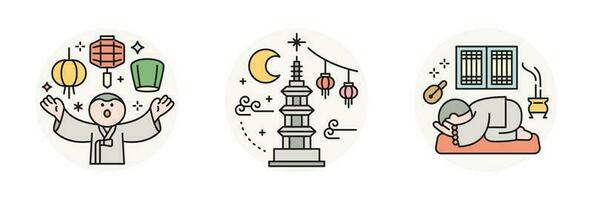 Boeddha's verjaardag. lotus lantaarn festival, steen pagode, en een monnik buigen. vector