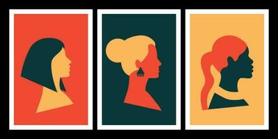 abstract vrouwtjes gezichten posters set. minimaal boho stijl. verschillend Dames portretten. hoofd silhouet. wijnoogst verzameling. Internationale vrouwen dag, Verbondenheid. vector illustratie.