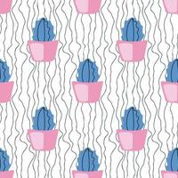 schattig blauw cactussen in roze potten Aan golvend lijnen achtergrond. delicaat tekening naadloos patroon voor huis decor, verspreiding, stollen, linnen. knus kinderen ontwerp. hand- getrokken huis planten. vector illustratie.