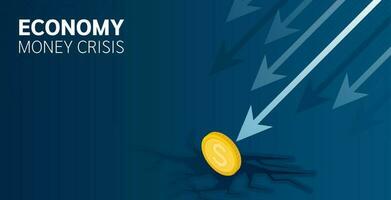 economie geld crisis. financieel instabiliteit, riskant situatie of economisch recessie, crisis of faillissement concept, investeerder vallend van stack van onstabiel geld. pijl grafieken vallen omlaag. vector ontwerp.