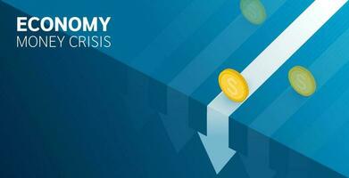 economie geld crisis. financieel instabiliteit, riskant situatie of economisch recessie, crisis of faillissement concept, investeerder vallend van stack van onstabiel geld. pijl grafieken vallen omlaag. vector ontwerp.