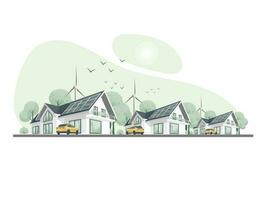 groen energie illustratie. modern eco privat huizen. huizen met windmolen en zonne- panelen. stedelijk landschap in dorp.eco huis aangedreven door groen hernieuwbaar en zonne- energie. vector