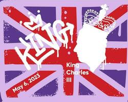 stedelijk graffiti voor koning Charles iii kroning Bij 6e mei 2023 met vlag, mannetje profiel vervelend kroon. groet kaart voor viering.vector getextureerde hand- getrokken illustratie of banier, folder, brochure vector