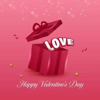 realistisch Open geschenk doos met sticker liefde lettertype, gouden ballen Aan pastel rood bokeh achtergrond voor gelukkig valentijnsdag dag concept. vector