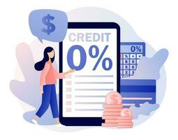 bank credit concept. klein vrouw ondertekening lening overeenkomst in smartphone app. procent, mooi zo interesseren tarief, rentevrij. financiën beheer. modern vlak tekenfilm stijl. vector illustratie