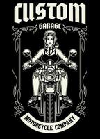 zwart en wit t-shirt ontwerp van motorfiets garage met Dames rijder vector