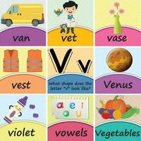 alfabet brief vv woord poster flashcards afdrukbare klas decor voor peuter, kleuterschool, thuisschool, en elementair kinderen, met een logisch vraag over de brief vector