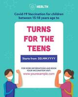 reclame poster of sjabloon van covid-19 vaccin beschikbaar voor kinderen tussen 15-18 jaar leeftijd met tiener- jongen en meisje slijtage veiligheid masker. vector
