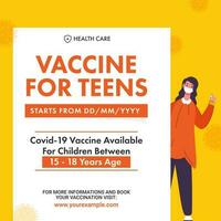 reclame poster van covid-19 vaccin beschikbaar voor kinderen tieners tussen 15-18 jaar leeftijd in wit en geel kleur. vector