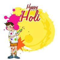 Indisch festival van kleuren, gelukkig holi concept met en Indisch jongen spelen met kleurgeweer en kleur plons tegen geel en wit achtergrond. vector