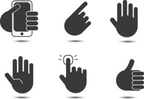 vector reeks van zwart silhouet hand- pictogrammen, tekens geïsoleerd. hand, Holding iphone appel, stemmen hand, palm, klikken, voortvarend de bodem hand-