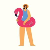 jong vrouw gaat naar de strand, vasthouden opblaasbaar roze cirkel in flamingo vorm.vector hand- getrokken tekenfilm illustratie in vlak stijl en wit achtergrond. vector