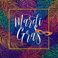 Mardi Gras belettering op veelkleurige veren vector