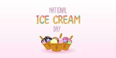 gelukkig nationaal ijs room dag kaart. een wafel ijshoorntje met divers fruit ijs room schepjes. vector banier in vlak tekenfilm stijl.
