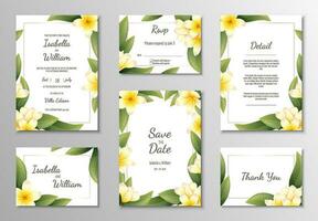 reeks van bruiloft Sjablonen, spandoeken, uitnodigingen voor de vakantie.mooi ansichtkaart decor met geel frangipani. vector