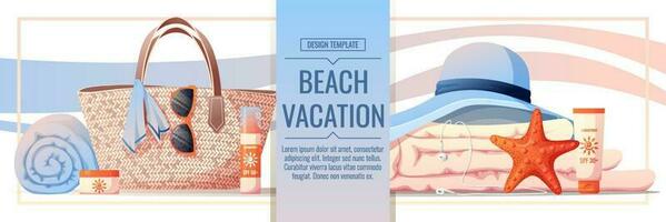 strand banier met accessoires voor ontspannende door de zee. strand tas, zonnescherm, bril, handdoek, schelpen. webbanner, poster, folder, reclame. vector