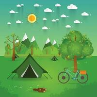 landschap.wandelen en camping. vector vlak illustratie