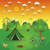 landschap.wandelen en camping. vector vlak illustratie