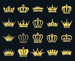 Koninklijk goud koning kronen icoon silhouet, heraldisch kroon elementen. wijnoogst royalty symbool, gouden koningin diadeem, prinses tiara vector icoon reeks