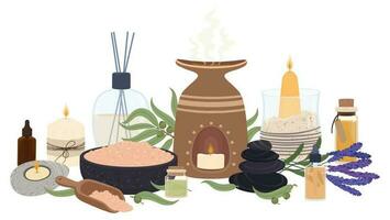 aromatherapie elementen voor ontspanning, geparfumeerd kaarsen en essentieel oliën. spa stenen, aromatisch verdeler, lavendel bloemen vector illustratie