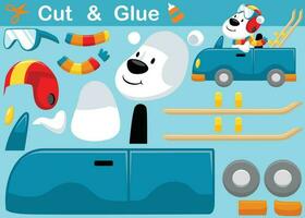 grappig polair beer met snowboard uitrusting Aan auto. uitknippen en lijmen. vector tekenfilm illustratie