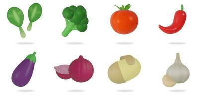 3d weergave. fruit en groenten icoon reeks Aan een wit background.cabbage,broccoli,tomaat,paprika,aubergine,ui,aardappel,knoflook vector