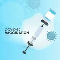 covid-19 vaccinatie concept gebaseerd poster ontwerp met vaccin injectiespuit aanval naar coronavirus en veiligheid schild Aan blauw achtergrond. vector
