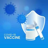 covid-19 vaccin poster ontwerp met glanzend veiligheid schild, vaccin flessen Aan blauw coronavirus getroffen achtergrond. vector