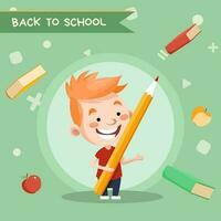 ansichtkaart terug naar scholen, scholen toelating met een weinig jongen staand met een potlood. kan worden gebruikt voor flyers, spandoeken. vector