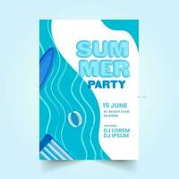 zomer partij uitnodiging kaart met top visie van zwemmen zwembad en elementen Aan wit achtergrond. vector