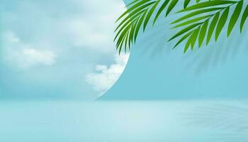 kunstmatig Product Scherm podium met wolken, blauw lucht met kokosnoot palm bladeren onblue muur achtergrond.vector leeg studio kamer met tropisch blad, web ontwerp presentatie voor huidsverzorging Aan lente, zomer vector