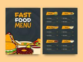 snel voedsel menu kaart sjabloon lay-out met dubbelzijdig. vector