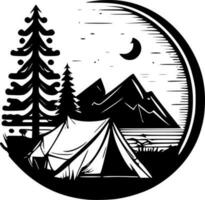 camping - zwart en wit geïsoleerd icoon - vector illustratie