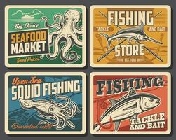 tonijn vis, marlijn, inktvis en Octopus retro posters vector