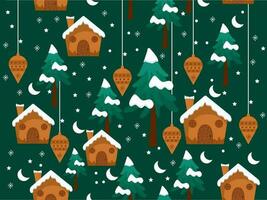 herhaling-minder besneeuwd huis, Kerstmis boom, kerstballen hangen, halve maan maan en sterren Aan groen achtergrond. vector