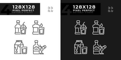 gebotteld dranken pixel perfect lineair pictogrammen reeks voor donker, licht modus. alcohol en zacht drankjes. vloeistof versnaperingen. dun lijn symbolen voor nacht, dag thema. geïsoleerd illustraties. bewerkbare beroerte vector