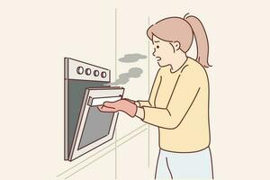 vrouw koken opent oven vrijgeven rook van te gaar vlees ten gevolge naar onoplettendheid of mis recept. huisvrouw meisje wie reeks mis temperatuur voor frituren is van streek door bederven avondeten verbrand in oven vector