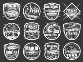 visvangst vector pictogrammen met vissen wijnoogst etiket reeks