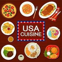 Amerikaans keuken, Verenigde Staten van Amerika voedsel menu omslag, cafe gerechten vector