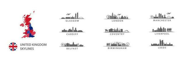 uk steden verzameling, skylines reeks in vector sihouettes, Engels bestemmingen Leuk vinden Londen, leed, Coventry, Birmingham, Liverpool, , belfast, cardiff, Glasgow