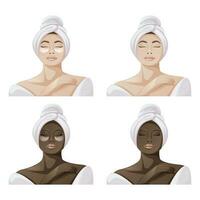 Afrikaanse Amerikaans en Europese vrouw in wit badjas en handdoek.de concept van spa, ontspanning, gezicht en lichaam huid zorg. oog lappen. Gezondheid en schoonheid. modieus vector illustratie