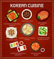 Koreaans keuken voedsel menu, Korea Aziatisch gerechten maaltijden vector