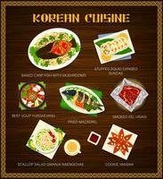 Koreaans voedsel menu, keuken lunch en avondeten gerechten vector