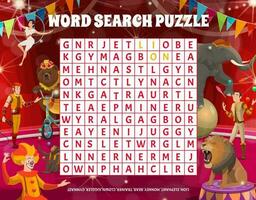 woord puzzel spel met circus artiesten, dieren vector