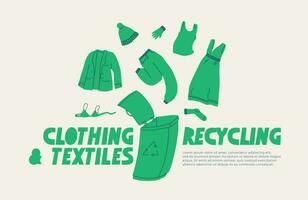 kleding recyclen. een poster roeping voor de recycling van kleding, schoenen en textiel. vector neiging vlak illustratie.