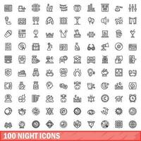 100 nacht pictogrammen set, schets stijl vector