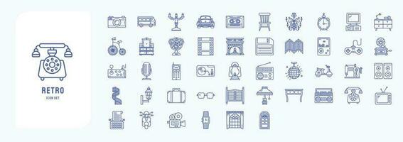verzameling van pictogrammen verwant naar retro stijl 80c voorwerpen, inclusief pictogrammen Leuk vinden camera, camper bestelwagen, auto, klok en meer vector